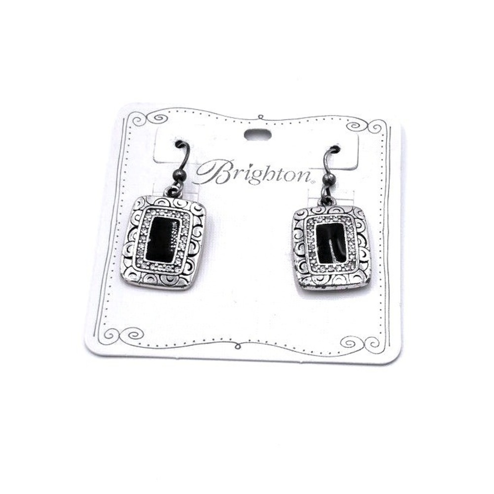 Brighton Rythms Silver Black Enamel Crystal Scrollwork Rectangle Drop Earrings